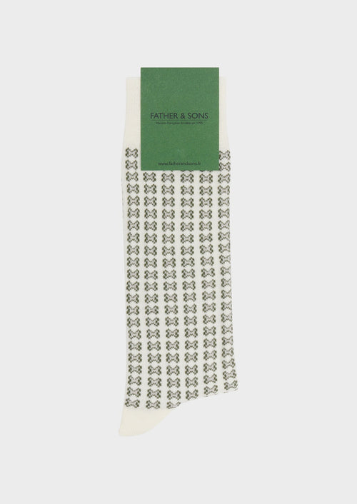 Chaussettes en coton bio mélangé écru à motif fantaisie gris et kaki - 1 - Father & Sons   - 10 