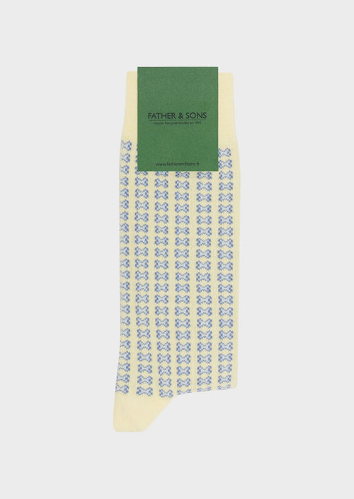 Chaussettes en coton bio mélangé jaune à motif fantaisie bleu azur et bleu ciel - 1 - Father & Sons   - 17 