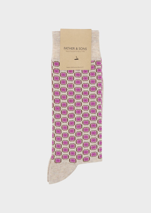 Chaussettes en coton mélangé beige foncé à motifs géométriques rose et marron - 1 - Father & Sons   - 19 