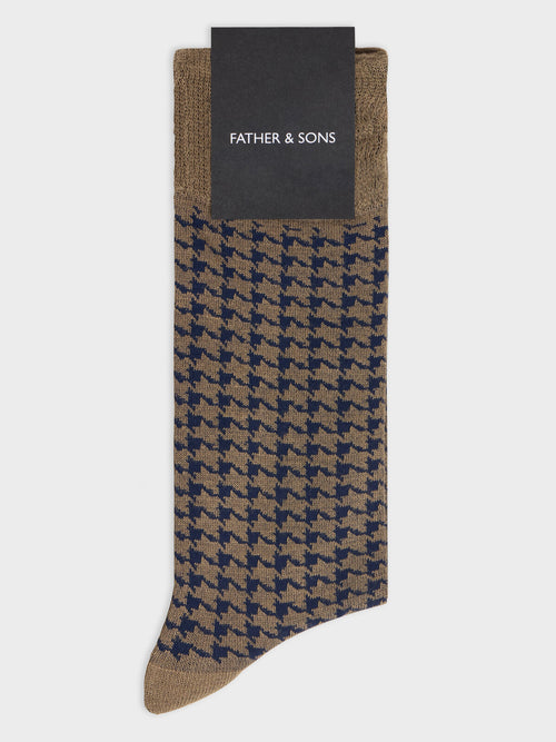Chaussettes en viscose de bambou marron à motif bleu indigo - 1 - Father & Sons   - 20 