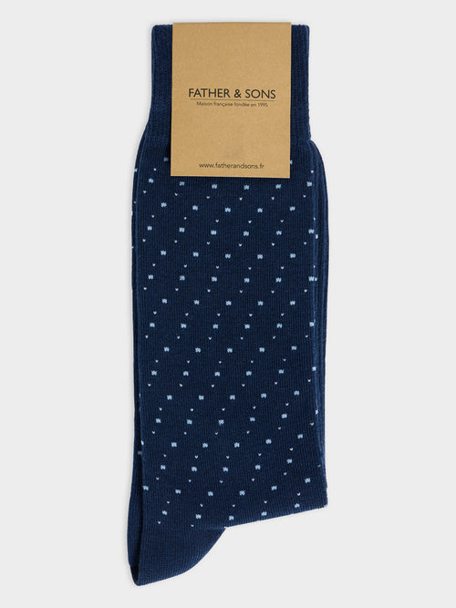 Chaussettes en coton bio mélangé bleu indigo à pois - 1 - Father & Sons   - 14 