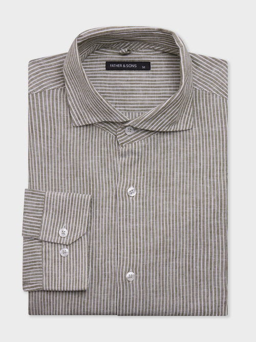 Chemise regular en pinpoint de coton et lin kaki à rayures - 1 - Father & Sons   - 24 