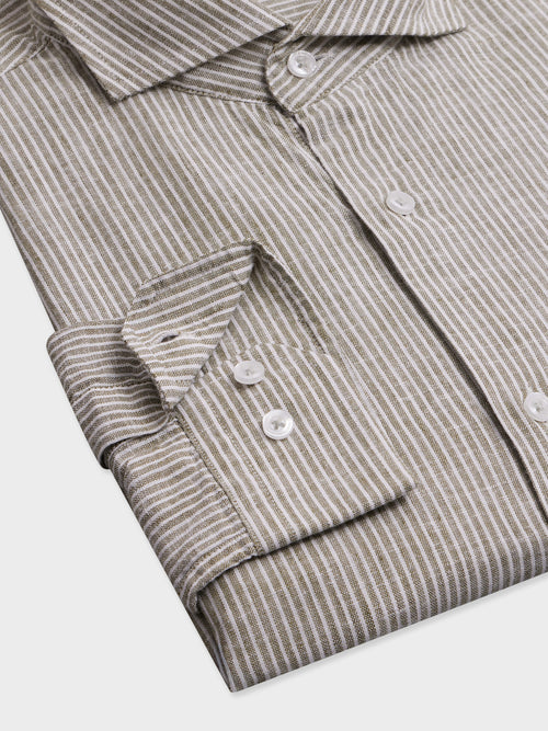 Chemise regular en pinpoint de coton et lin kaki à rayures - Father & Sons   - 3 