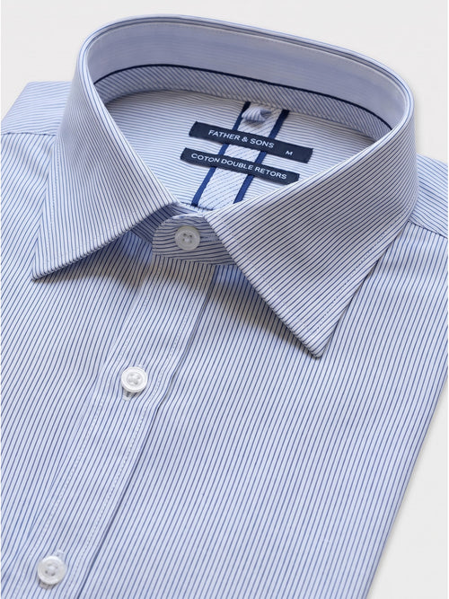 Chemise manches courtes regular en popeline de coton stretch à rayures bleu marine - Father & Sons   - 2 