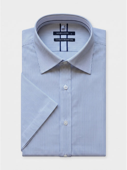 Chemise manches courtes regular en popeline de coton stretch à rayures bleu marine - Father & Sons   - 1 