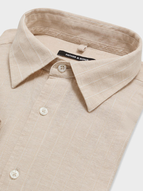 Chemise slim en lin et coton beiges à rayures - 2 - Father & Sons   - 2 
