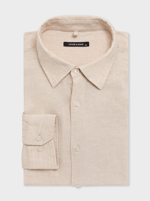 Chemise slim en lin et coton beiges à rayures - 1 - Father & Sons   - 2 