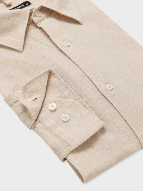 Chemise slim en lin et coton beiges à rayures - Father & Sons   - 3 