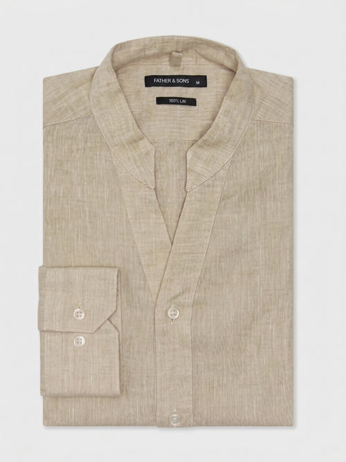 Chemise slim en lin beige à col tunisien - Father & Sons   - 1 