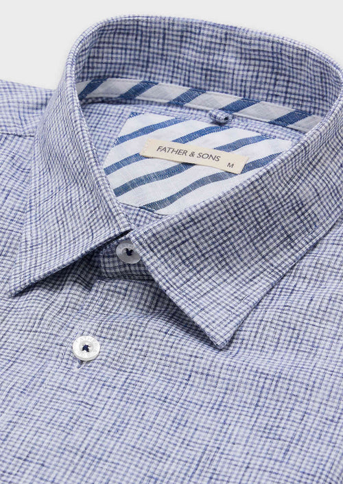 Chemise sport Slim en popeline de coton mélangé blanc à carreaux bleu jeans - 2 - Father & Sons   - 5 