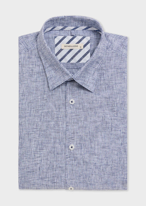 Chemise sport Slim en popeline de coton mélangé blanc à carreaux bleu jeans - 1 - Father & Sons   - 5 