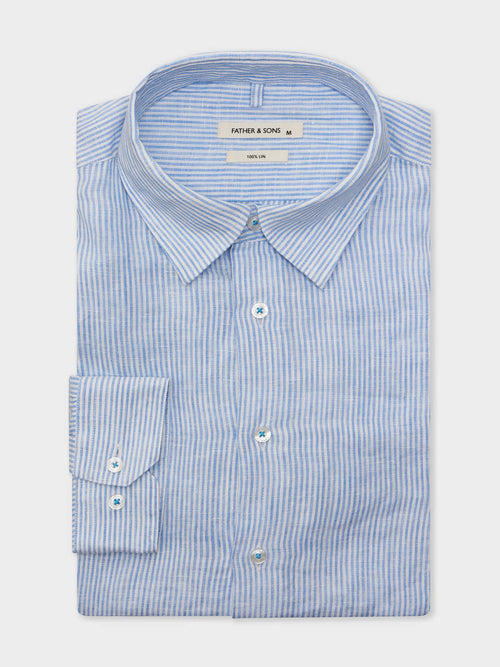 Chemise Slim en lin bleu ciel à rayures - 1 - Father & Sons   - 12 
