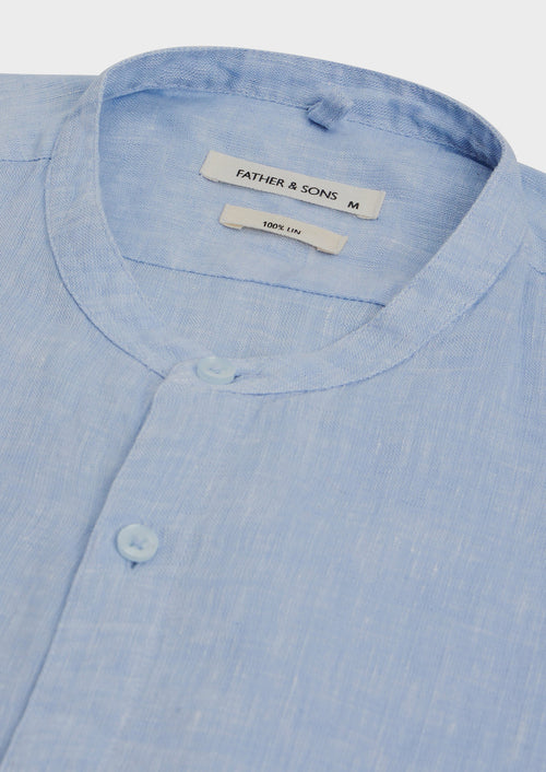 Chemise Slim en lin bleu ciel à col officier - Father & Sons   - 2 