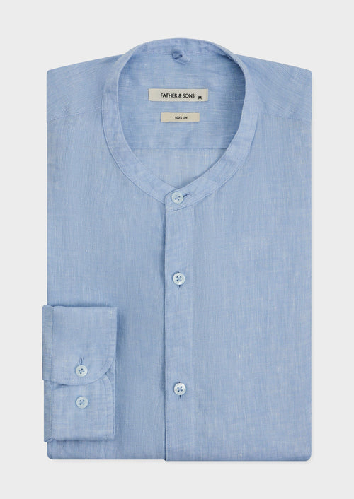 Chemise Slim en lin bleu ciel à col officier - Father & Sons   - 1 
