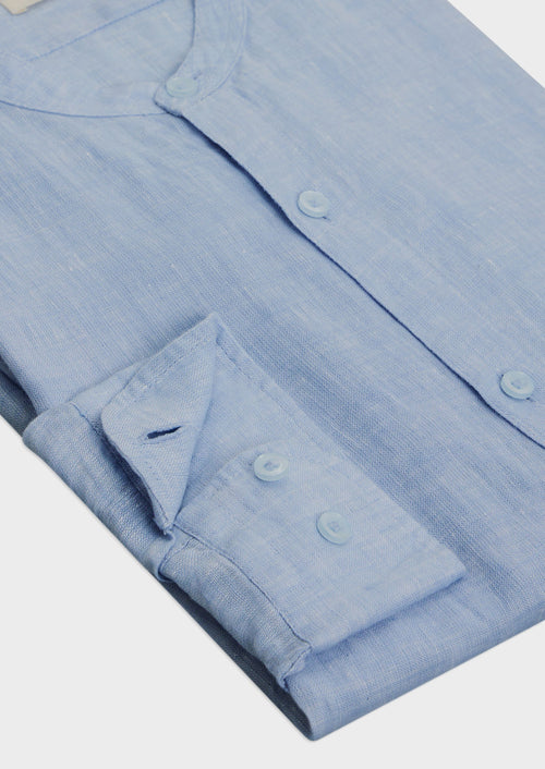 Chemise Slim en lin bleu ciel à col officier - Father & Sons   - 3 