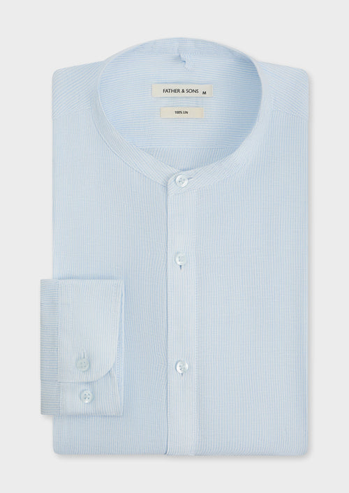Chemise Slim en lin bleu ciel à rayures à col officier - 1 - Father & Sons   - 20 