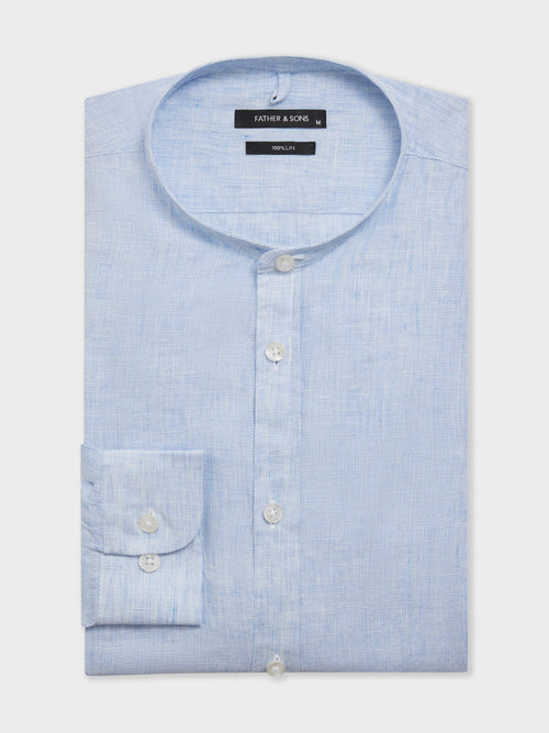 Chemise slim en lin bleu ciel à col officier - 1 - Father & Sons   - 15 