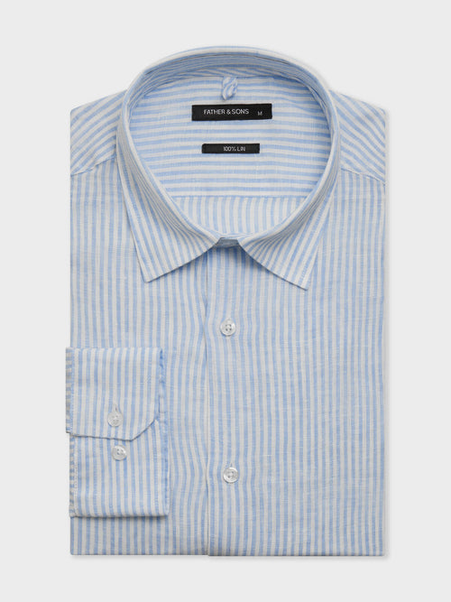 Chemise slim en lin à rayures bleu ciel - Father & Sons   - 1 
