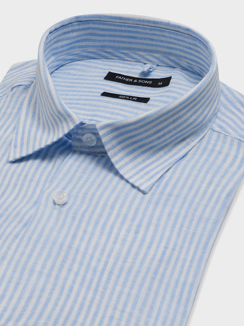 Chemise slim en lin à rayures bleu ciel - Father & Sons   - 2 