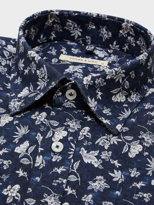 Chemise Slim en lin et coton bleu indigo à motif fleuri - 2 - Father & Sons   - 6 