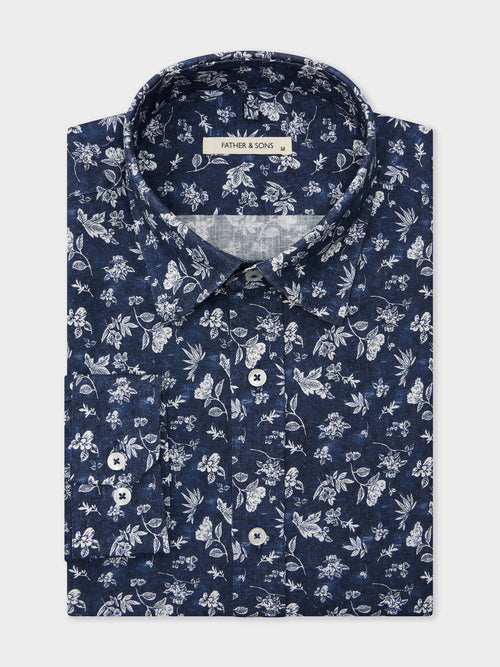 Chemise Slim en lin et coton bleu indigo à motif fleuri - 1 - Father & Sons   - 6 
