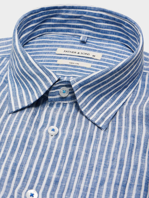 Chemise Slim en lin bleu indigo à rayures - 2 - Father & Sons   - 15 