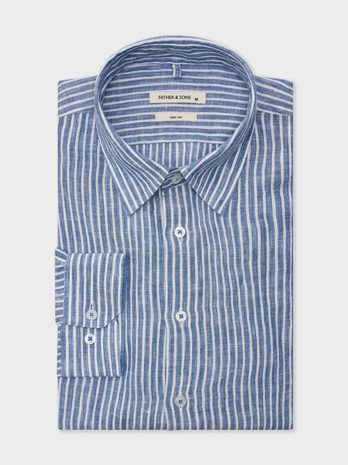 Chemise Slim en lin bleu indigo à rayures - 1 - Father & Sons   - 15 