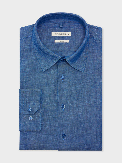 Chemise Slim en lin bleu indigo - 1 - Father & Sons   - 8 