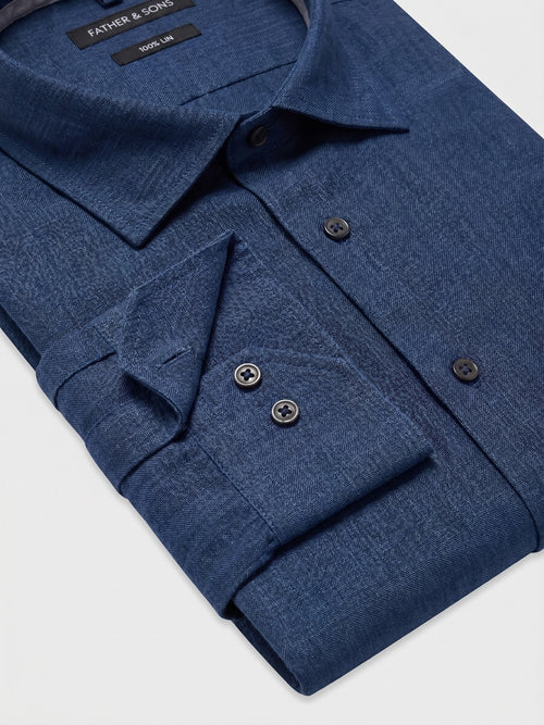 Chemise slim en lin bleu indigo - Father & Sons   - 2 