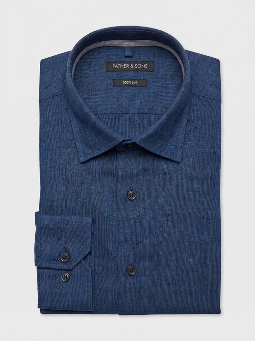 Chemise slim en lin bleu indigo - Father & Sons   - 1 