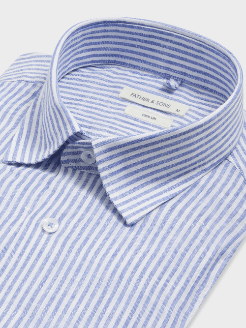 Chemise slim en lin bleu indigo à rayures - 2 - Father & Sons   - 3 