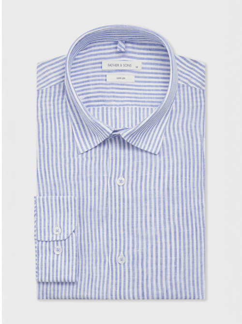 Chemise slim en lin bleu indigo à rayures - 1 - Father & Sons   - 3 