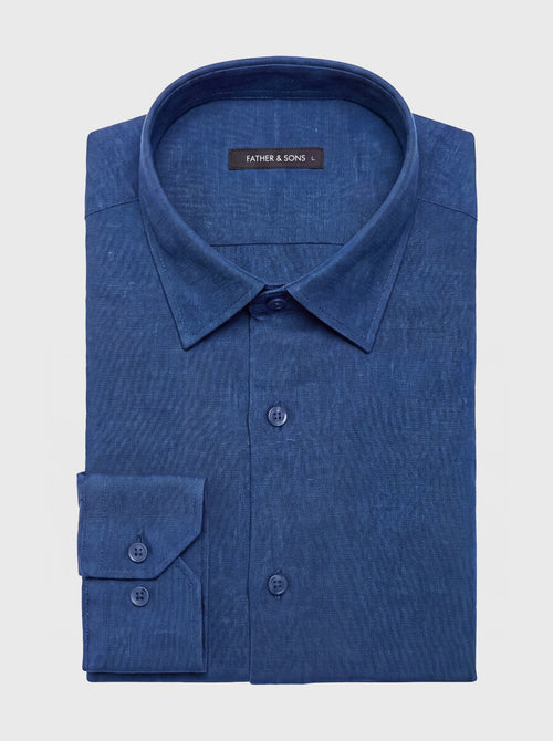 Chemise slim en lin et coton bleu jeans - Father & Sons   - 1 