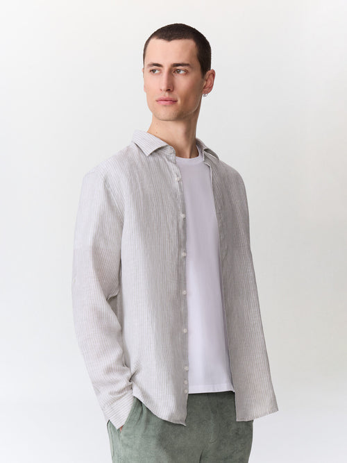 Chemise slim en lin kaki à rayures - Father & Sons   - 4 
