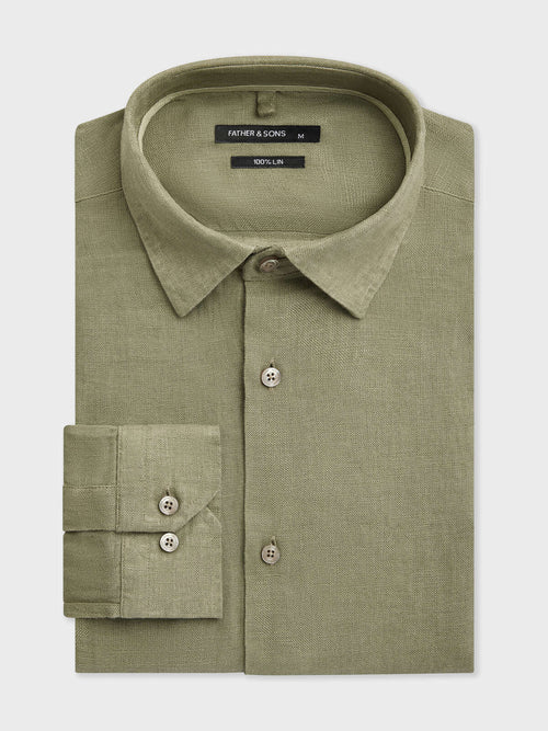 Chemise semi-regular en lin kaki - Father & Sons   - 1 