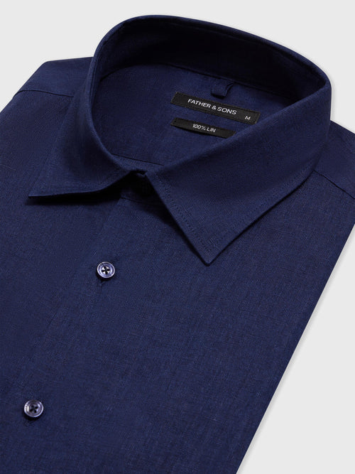Chemise slim en lin bleu marine - Father & Sons   - 2 