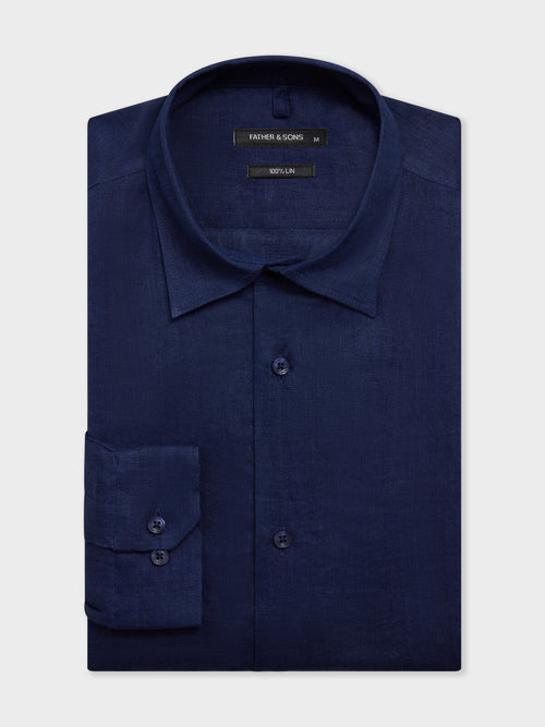 Chemise slim en lin bleu marine - Father & Sons   - 1 