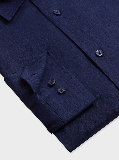 Chemise slim en lin bleu marine - Father & Sons   - 3 
