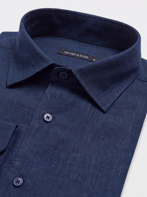 Chemise slim en lin et coton bleu marine - Father & Sons   - 2 