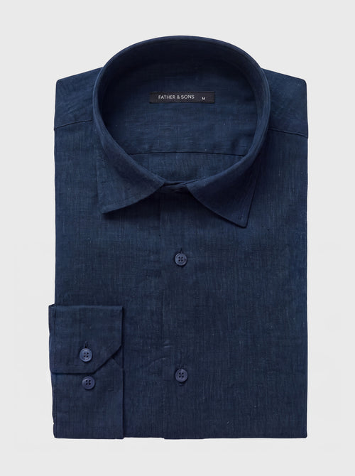 Chemise slim en lin et coton bleu marine - Father & Sons   - 1 