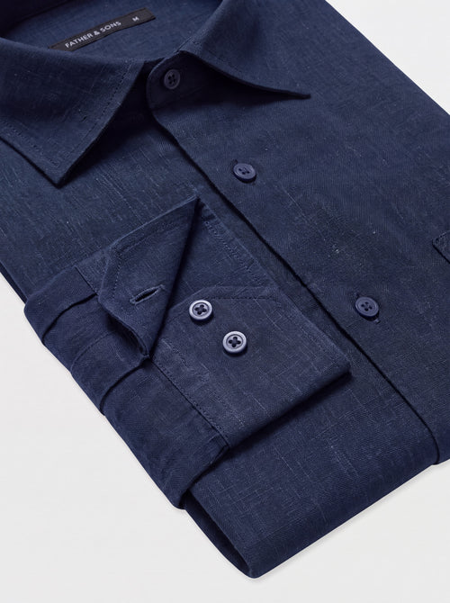 Chemise slim en lin et coton bleu marine - Father & Sons   - 3 