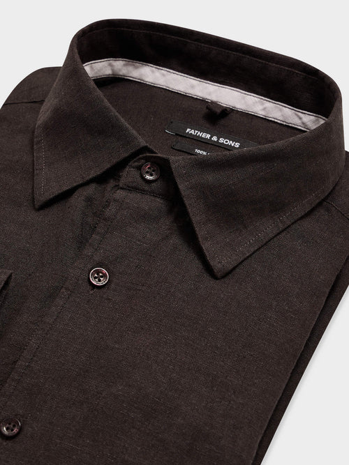 Chemise slim en lin marron foncé - 2 - Father & Sons   - 1 