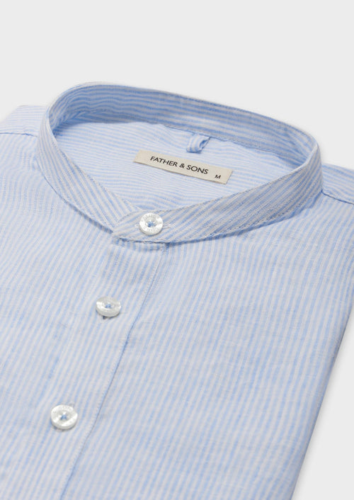 Chemise sport Slim en lin mélangé blanc à rayures bleu ciel à col officier - 2 - Father & Sons   - 18 