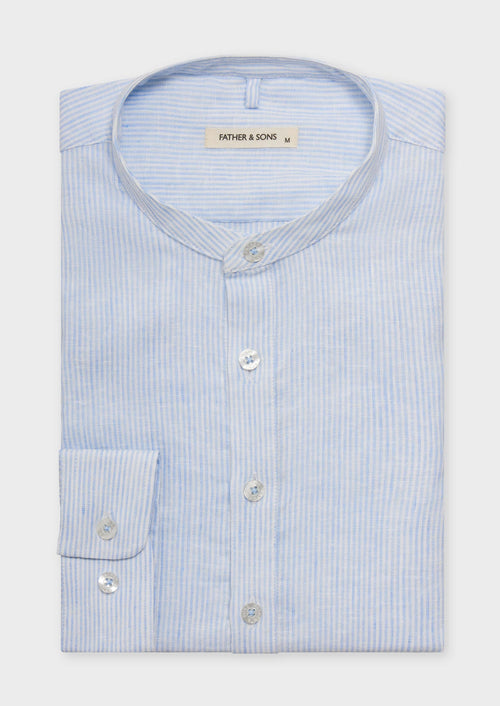 Chemise sport Slim en lin mélangé blanc à rayures bleu ciel à col officier - 1 - Father & Sons   - 18 
