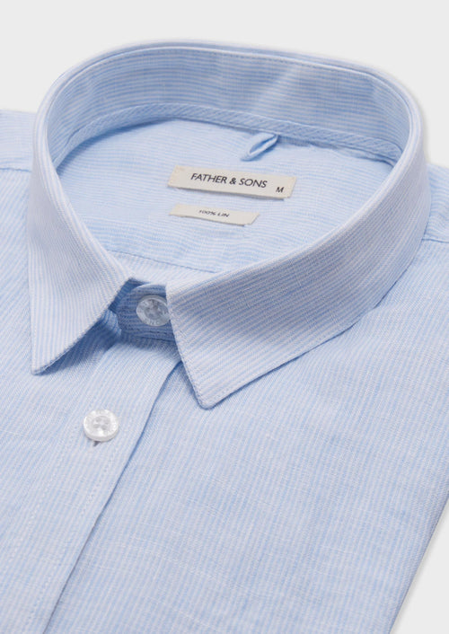 Chemise sport Slim en lin blanc à rayures bleu ciel - 2 - Father & Sons   - 5 