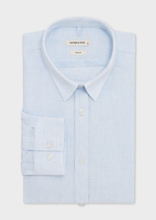 Chemise sport Slim en lin blanc à rayures bleu ciel - 1 - Father & Sons   - 5 