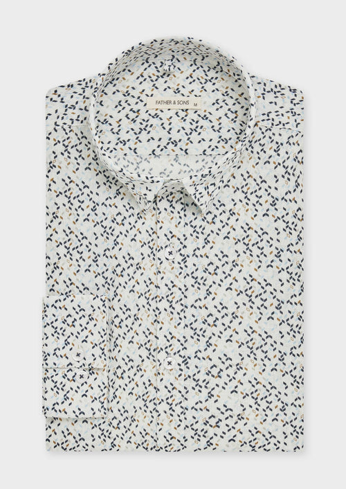 Chemise sport Slim en lin blanc à motif fantaisie bleu et marron - 1 - Father & Sons   - 20 