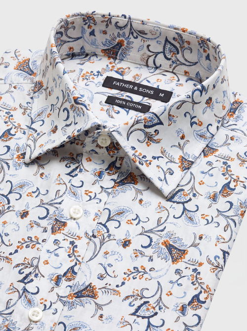 Chemise manches courtes regular en popeline de coton à motif fleuri bleu - Father & Sons   - 2 