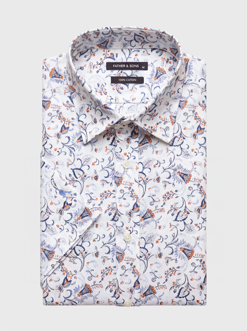 Chemise manches courtes regular en popeline de coton à motif fleuri bleu - Father & Sons   - 1 