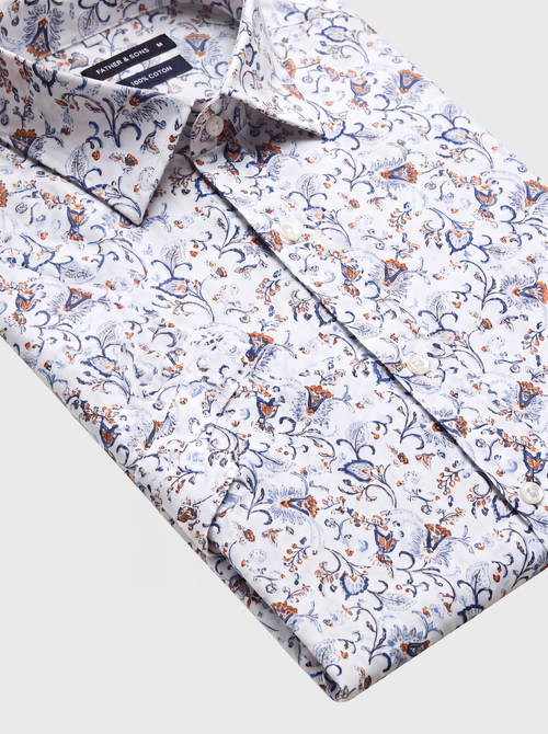 Chemise manches courtes regular en popeline de coton à motif fleuri bleu - Father & Sons   - 3 